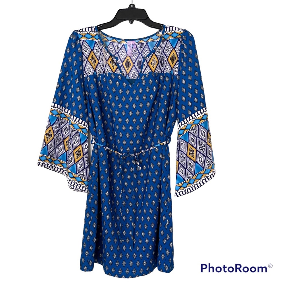 Alya dress blue and gold geometrical flared sleeves M